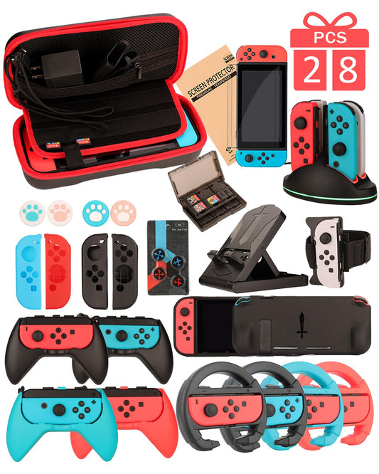 Switch Accessories - Family Bundle Accessories for Nintendo Switch  Carry Case& Screen Protector 4 Pack Joy Con Grips and Steering Wheels  Case Cover Stand Mount Joy Con Charger and More.