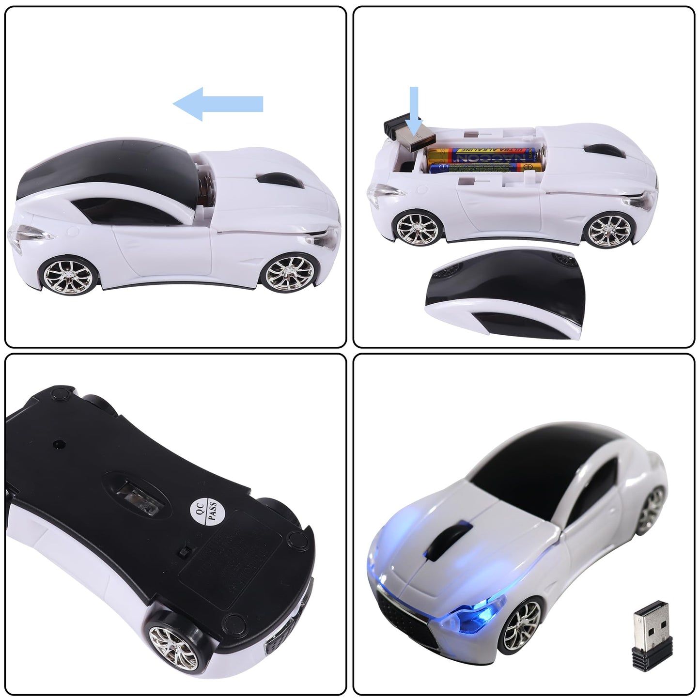 elec Space Wireless Car Mouse - 2.4G, 1600 DPI, LED Headlights, Cute Design for Kids, White, Model ES-CM101