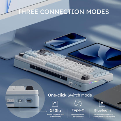 iLovBee B75 Wireless Mechanical Keyboard - Creamy 75% RGB, Bluetooth/2.4GHz/USB, Hot Swappable, Gasket Mounted, Pre-Lubed, White & Blue