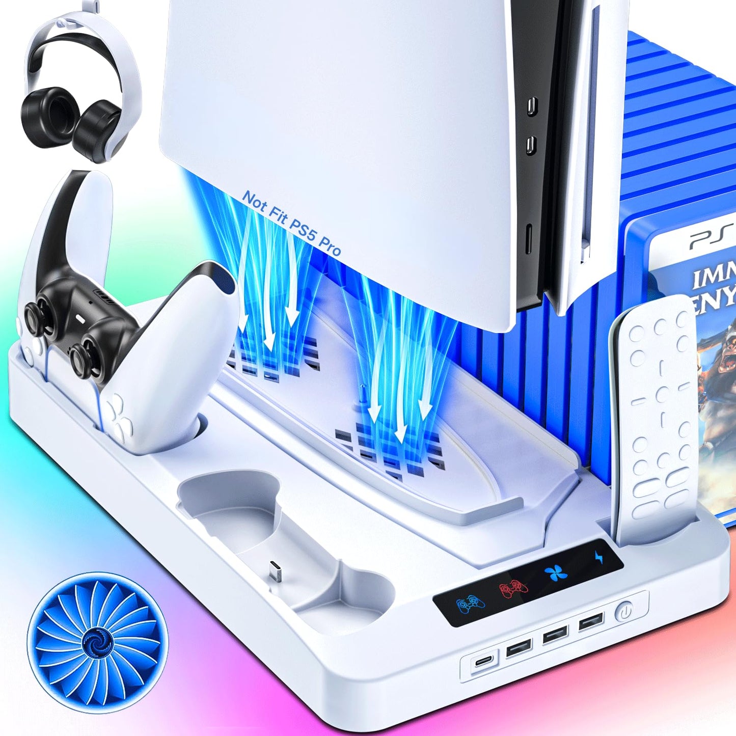 PS5/PS5 Slim Cooling Station  PS5 Stand with Controller Charger for PS5 Disc Console& PS5 Slim Digital Console  PS5 Accessories-PlayStation 5 Cooling Fan  LED USB Hubs Headset Holder PS5 Games Slot