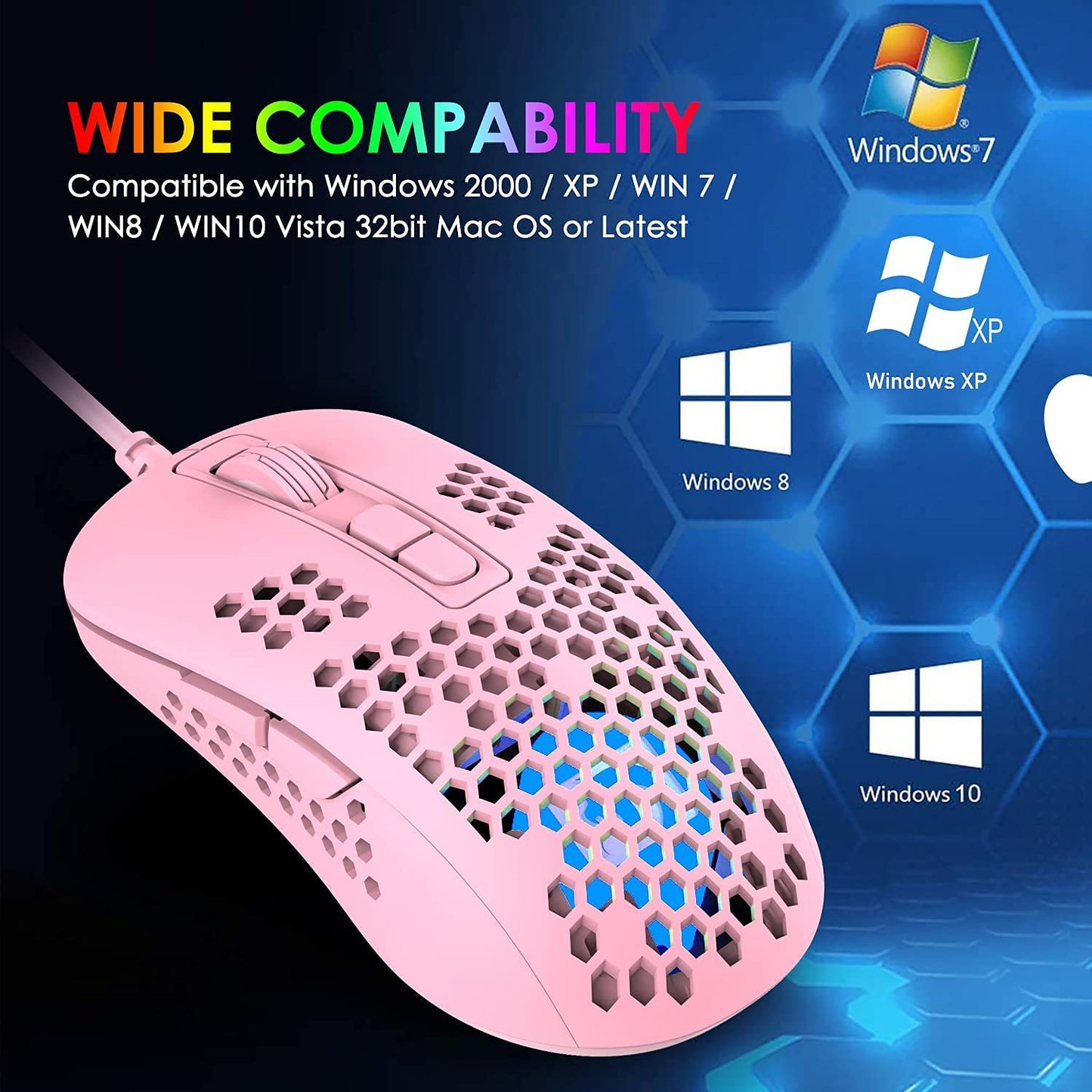 KUIYN Ultralight Wired Gaming Mouse - Honeycomb Shell, 4 RGB Lighting, 4 Adjustable DPI, Pink