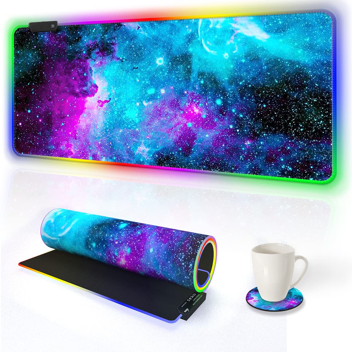 AIMSA RGB Gaming Mouse Pad Extended  Large Led Mousepads Non-Slip Rubber Base with 14 Lighting Modes  Computer Keyboard Mat Soft Desk pad Waterproof 35.4 x 15.8 inches  Galaxy Nebula Universe