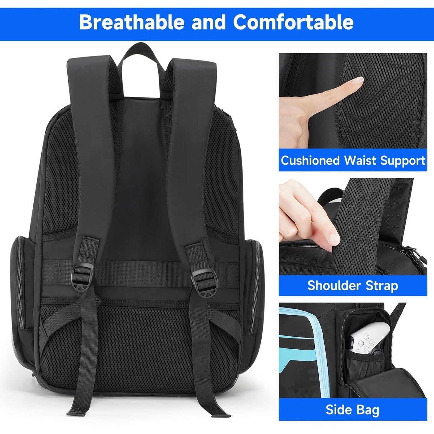 Deegotech PS5 Carrying Case - Travel Backpack with Multiple Pockets, 12.5x6.5x17.5 inches, Black & Blue, Model 614100BBE00