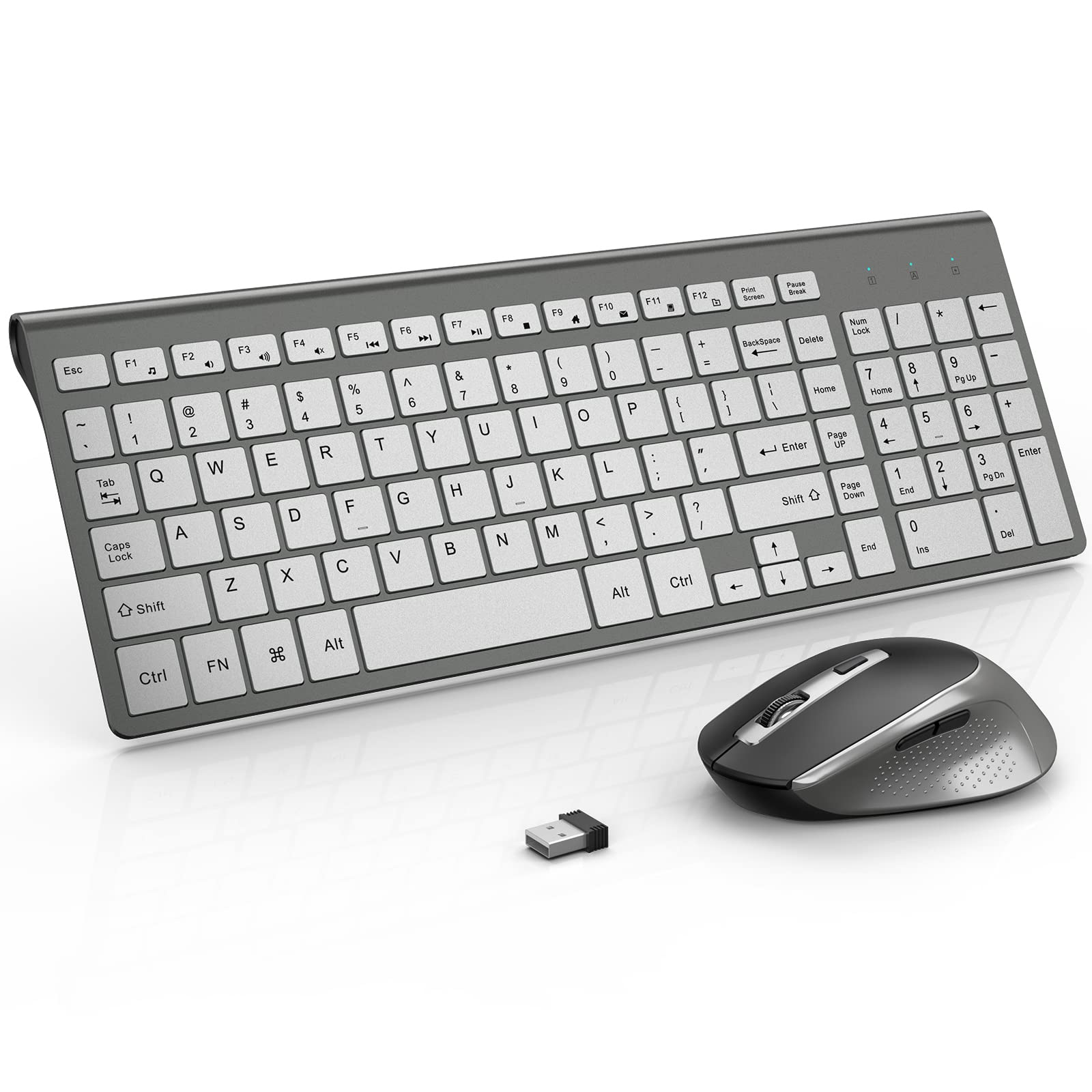 Wireless Keyboard and Mouse  J JOYACCESS Slim and Ergonomic Wireless Keyboard and Mouse Combo Portable and Comfortable Typing for Laptop/Computer/Desktop/PC-Grey/Silver