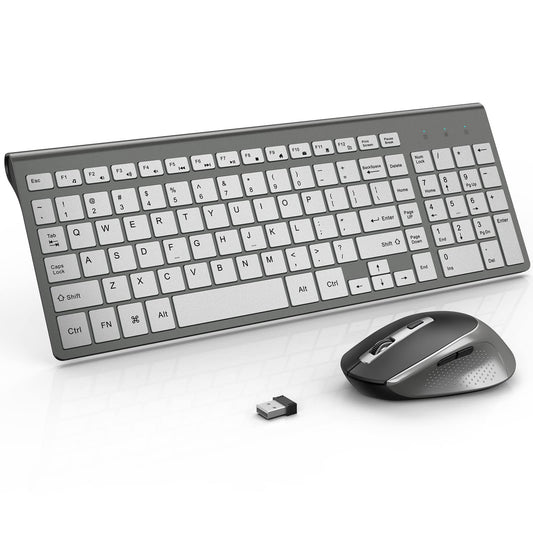Wireless Keyboard and Mouse  J JOYACCESS Slim and Ergonomic Wireless Keyboard and Mouse Combo Portable and Comfortable Typing for Laptop/Computer/Desktop/PC-Grey/Silver