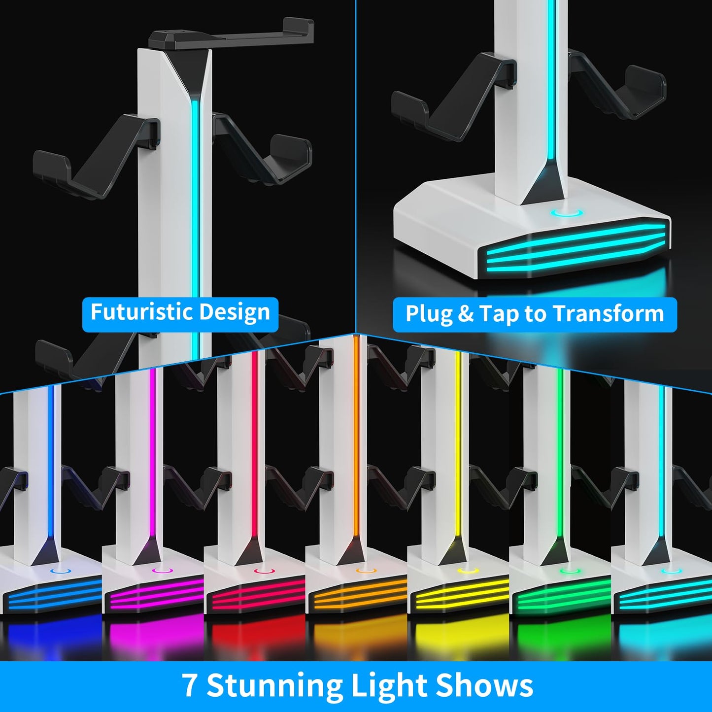 Meiboshin RGB Headphone Stand - Desk Gaming Headset Holder with USB & Type-C Ports, Rotatable, White, Model MBX-J101D