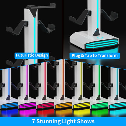 Meiboshin RGB Headphone Stand - Desk Gaming Headset Holder with USB & Type-C Ports, Rotatable, White, Model MBX-J101D
