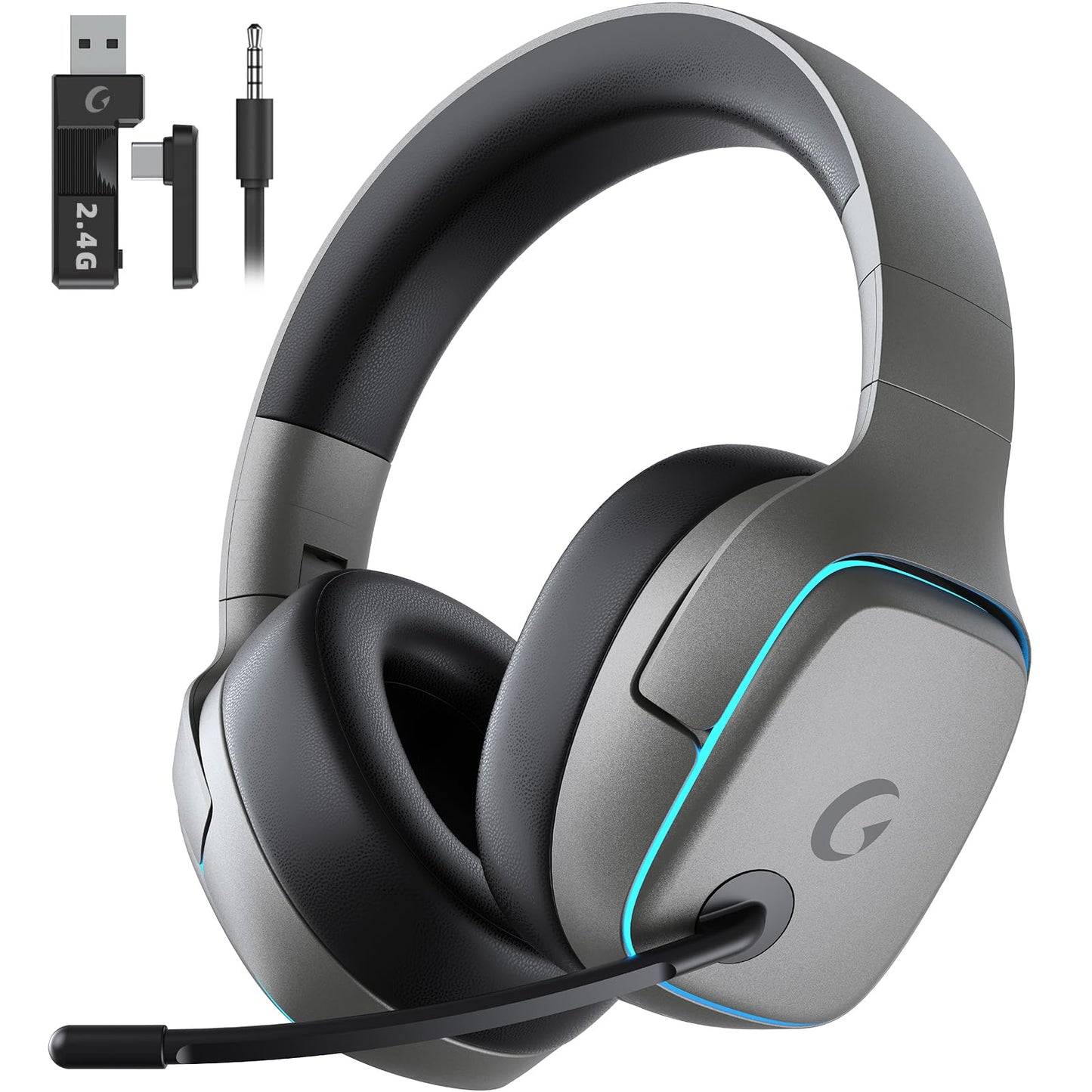 Gvyugke 2.4GHz Wireless Gaming Headsets for PS5  PS4  PC  Switch - Bluetooth 5.3 Gaming Headphones with Noise Canceling Mic  7.1 Surround Sound  70H Battery  Blue Lighting - Space Gray