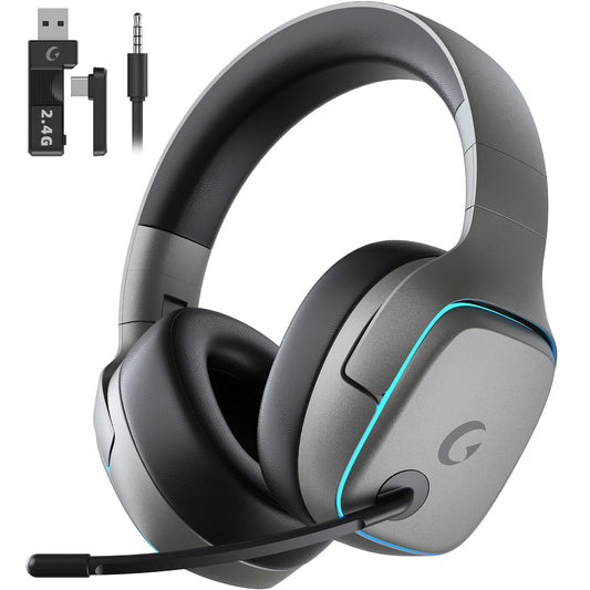 Gvyugke 2.4GHz Wireless Gaming Headsets for PS5  PS4  PC  Switch - Bluetooth 5.3 Gaming Headphones with Noise Canceling Mic  7.1 Surround Sound  70H Battery  Blue Lighting - Space Gray