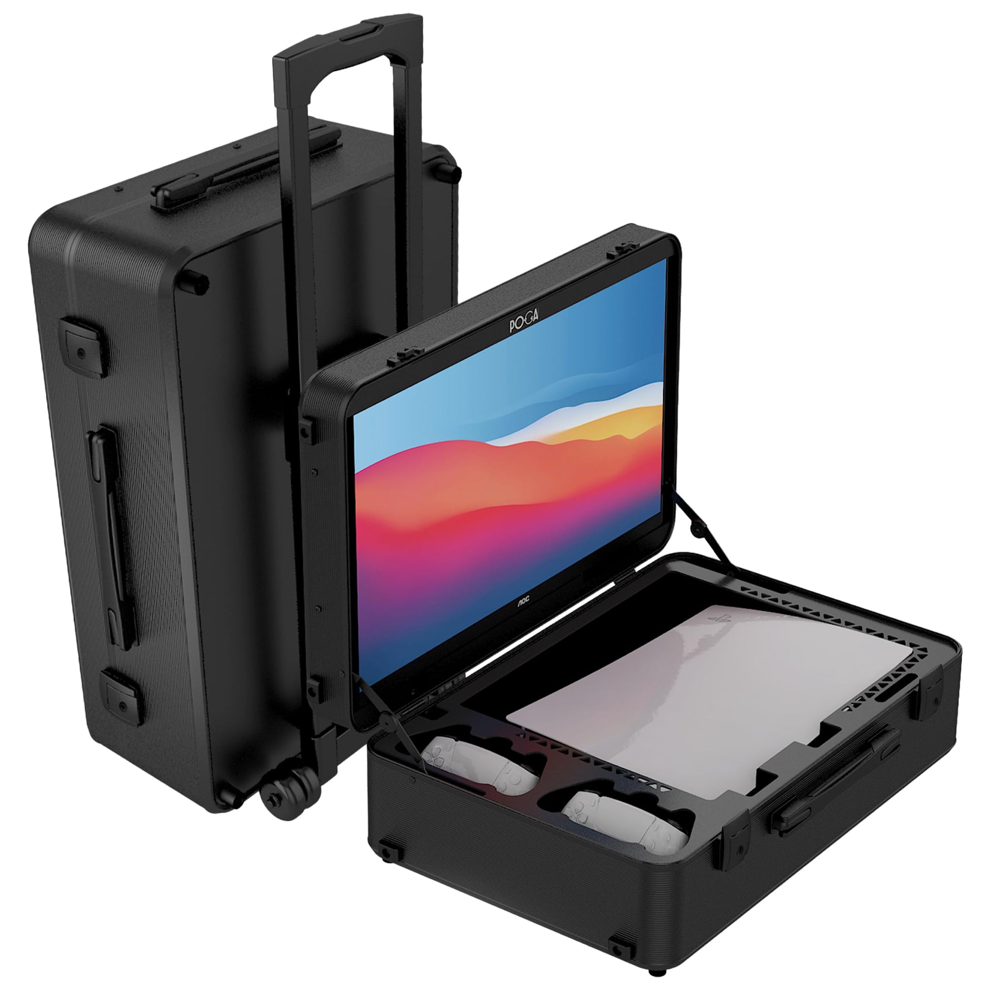 POGA LUX PlayStation 5 Premium Portable Console Travel Case incl. Trolley and 24 AOC Gaming Monitor - (V3 - Bluetooth Speaker Optional) Black