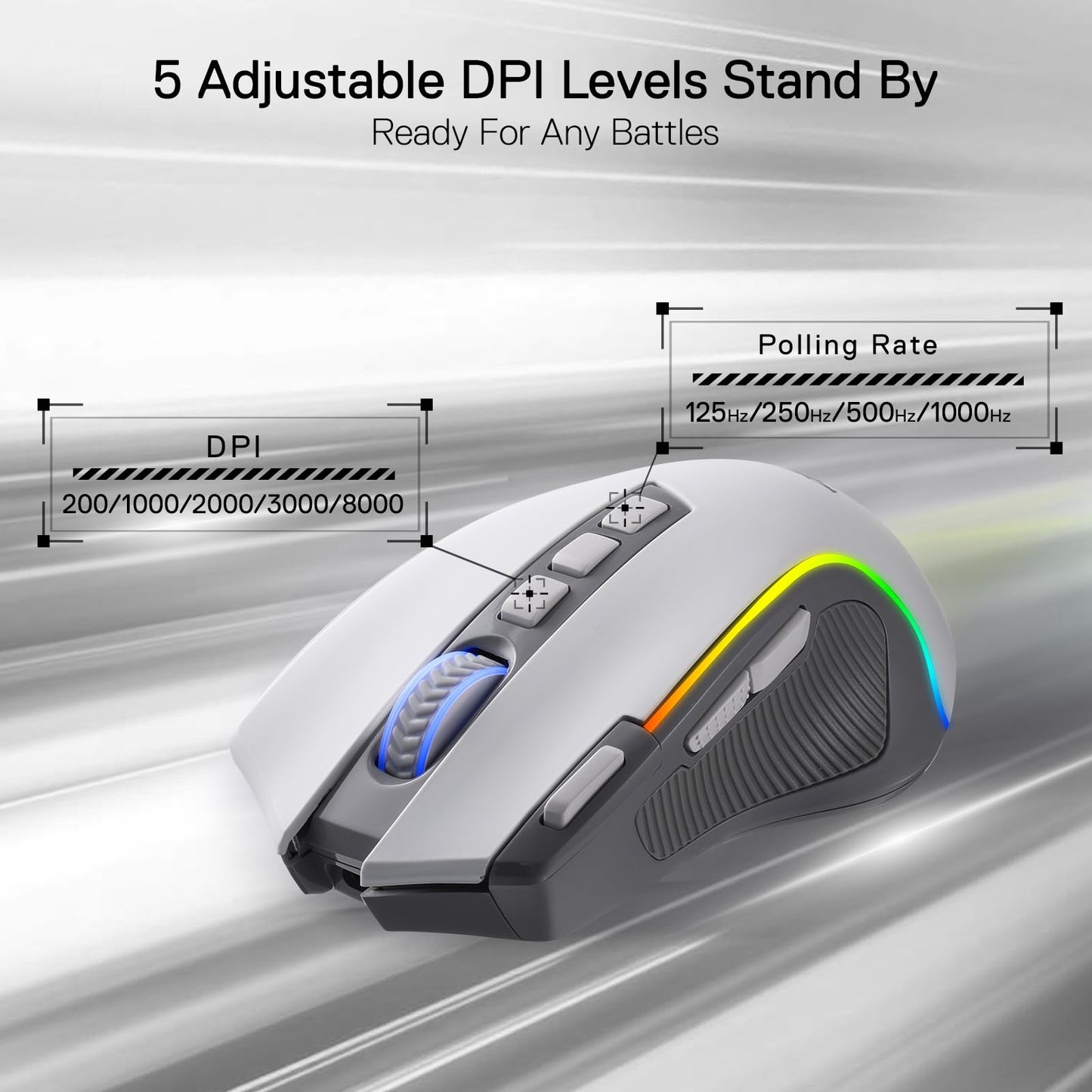 Redragon M612 PRO RGB Gaming Mouse - 8000 DPI, Wired/Wireless, 9 Programmable Buttons, 7 Backlit Modes, Gray