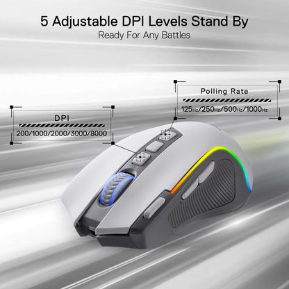 Redragon M612 PRO RGB Gaming Mouse - 8000 DPI, Wired/Wireless, 9 Programmable Buttons, 7 Backlit Modes, Gray