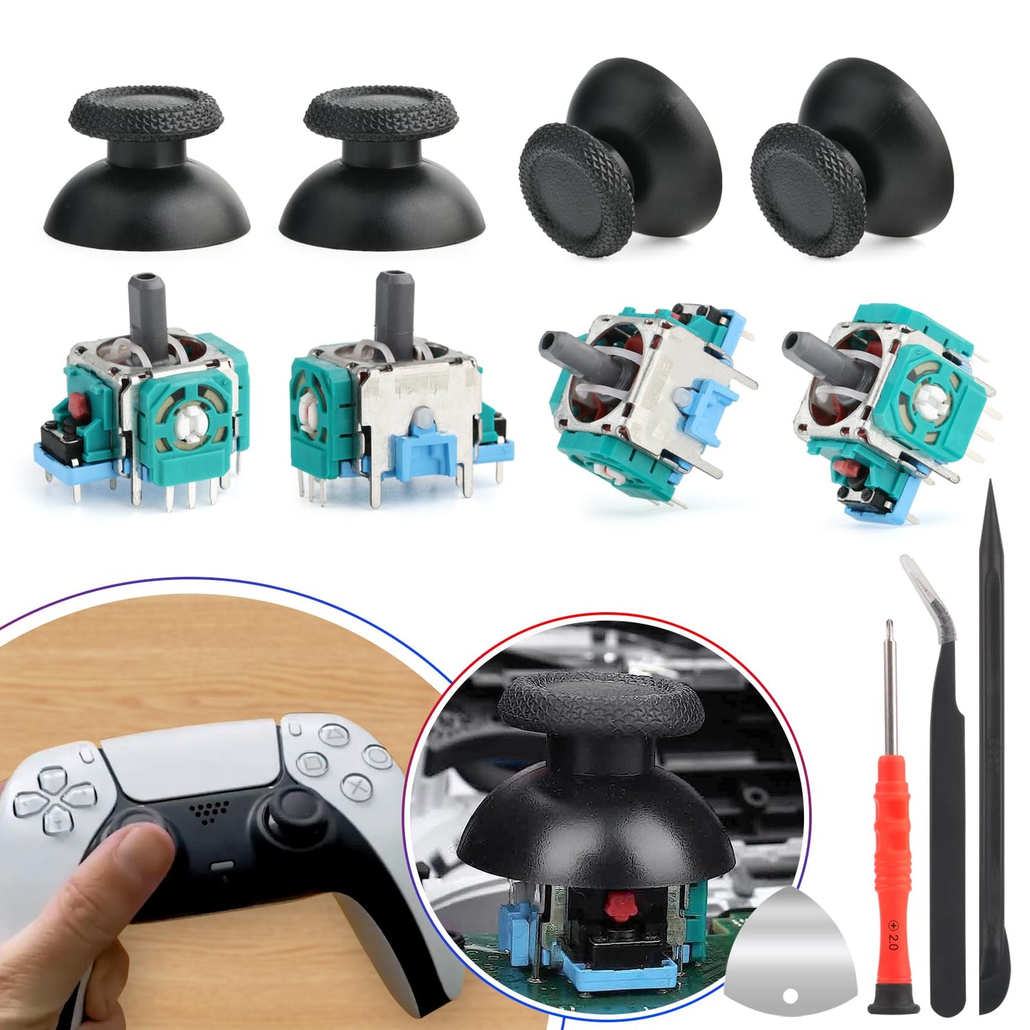 PS5 Analog Stick Replacement for Sony Playstation 5 PS5 Joysticks Replacement 3D PS5 Controller Joystick Replacement Sensor Module for PS5 Joystick Thumbstick Controller Accessory Part with Kit(4Pack)