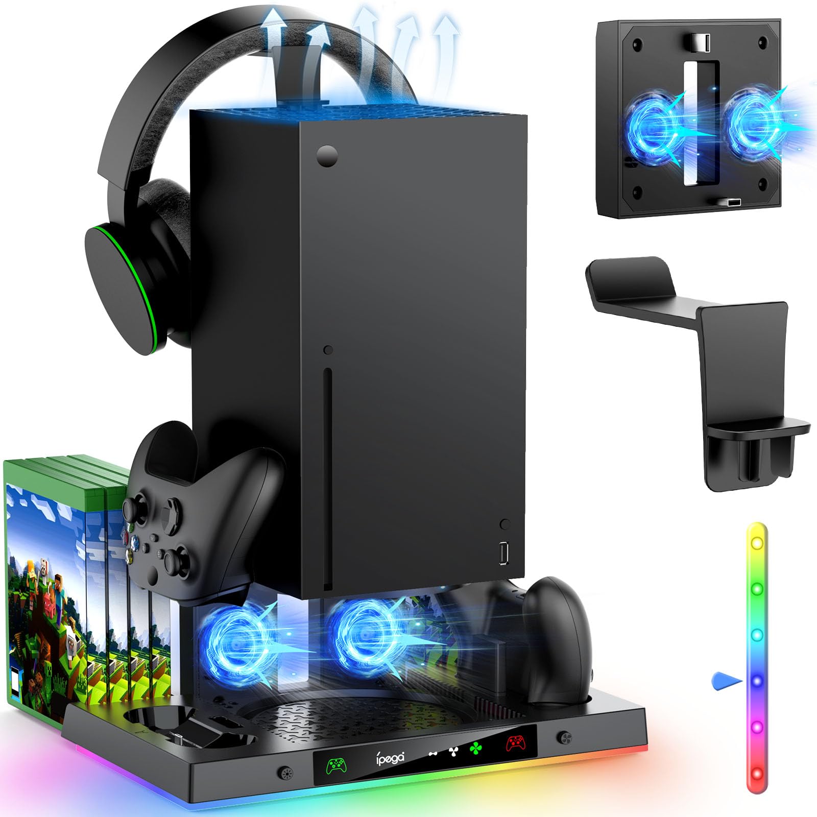 MENEEA Upgraded Cooling Fan Charging Station for Xbox Series X Console & Controller  Dual Charger Dock & Cooler System Stand with 15 Colorful Lights for Xbox Series X Accessories Kit