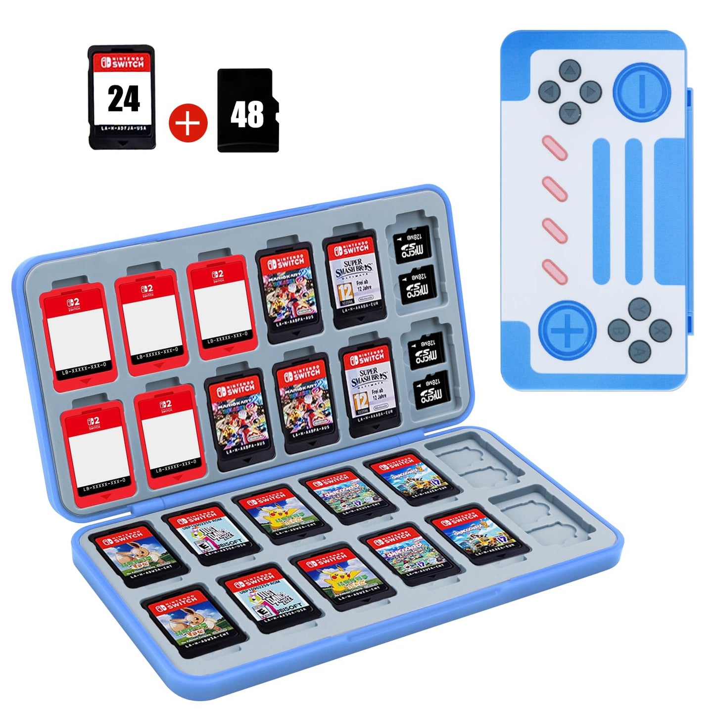 FYY Nintendo Switch Game Case Holder for Switch 2 Cartridge Case with 24 Game Card Slots & 48 Micro SD Card Slots  Hard Shell  Silicone Lining Light Blue Gamepad Pattern