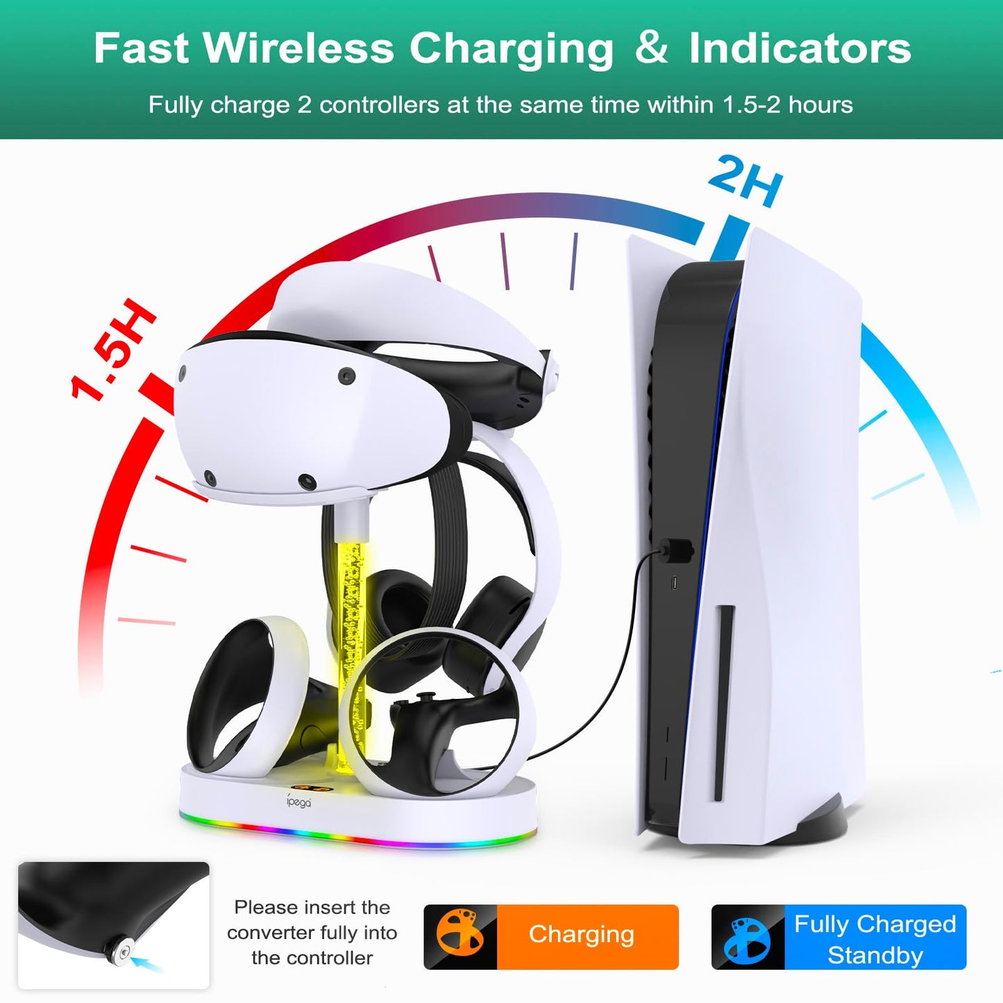 FASTSNAIL PS VR2 Charging Stand - Multifunction Vertical Dock with RGB Light Modes, Medium Size, for PlayStation VR2 Accessories