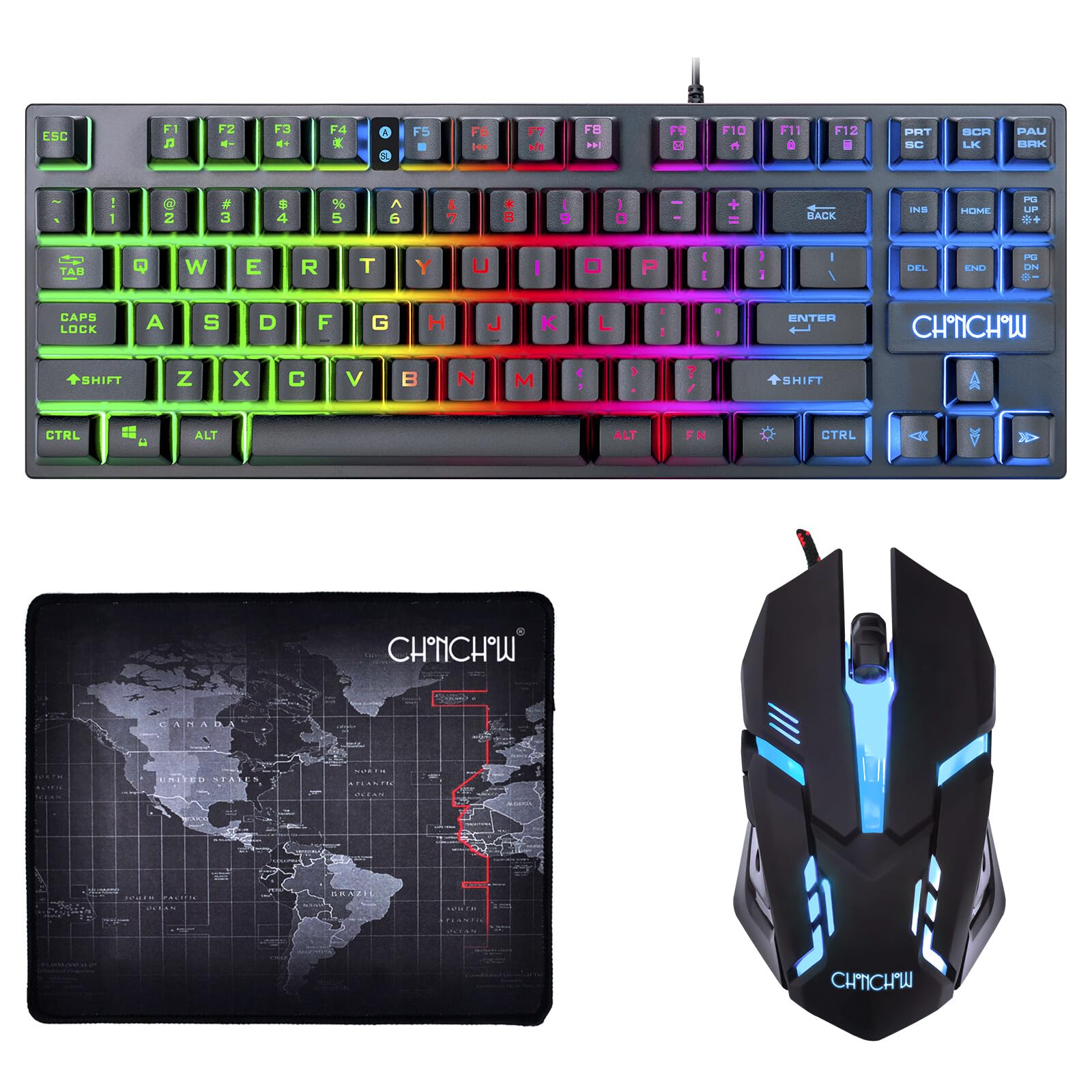 CHONCHOW 87 Keys TKL Gaming Keyboard and Mouse Combo  Wired LED Rainbow Backlit Keyboard 800-3200 DPI RGB Mouse  Gaming for PS4 Xbox PC Laptop Mac