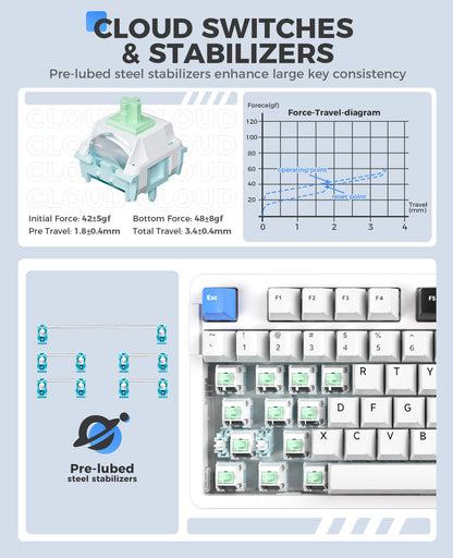 DAREU EK87 PRO Wireless Mechanical Keyboard, TKL, RGB, Hot-Swappable, Cloud Switch, White Blue