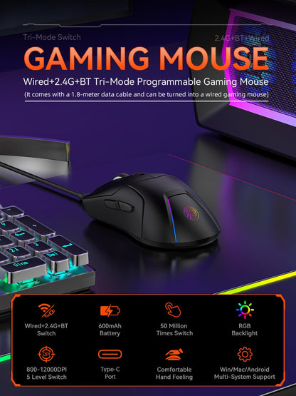 FMOUSE Wireless Gaming Mouse, 12,000 DPI, Tri Mode, Ergonomic, USB C Rechargeable, 6 Programmable Buttons, Black, Model M501