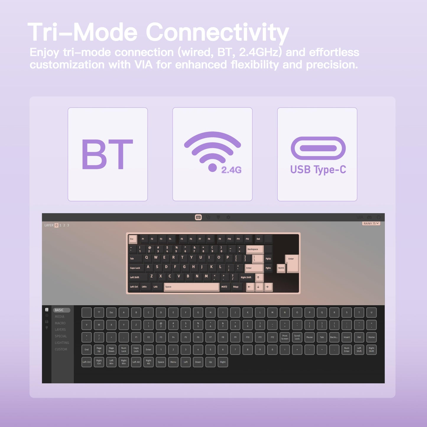 KEEBMONKEY Mechanical Keyboard - Rainy 75, Triple-Mode, RGB, Cocoa Switch - Pro Purple Model