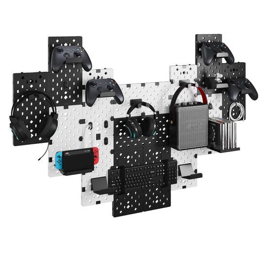 PEGZONE Controller and Headphone Holder Wall Mount  Modular Gaming Pegboard with Accessories  Controller Stand for Xbox PS5 PS4 Switch  Video Game Storage  Disc Shelf  14pcs Pegboard  Black & White