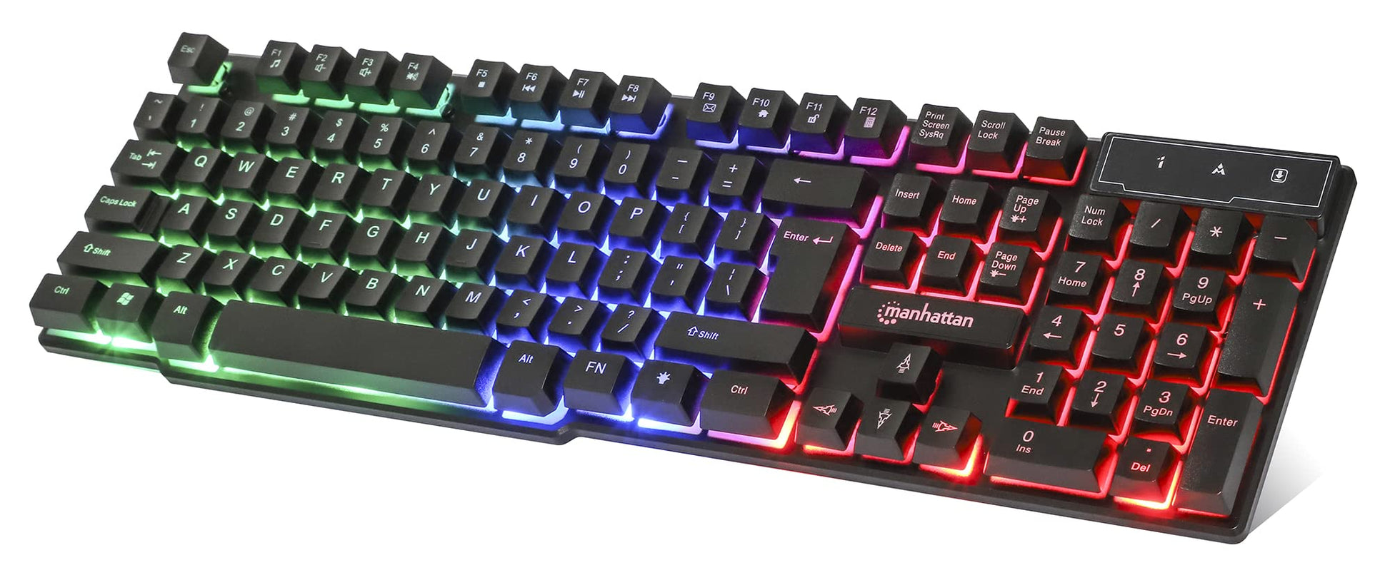 Manhattan Gaming Keyboard - Backlit RGB LED, Quiet Keystrokes, USB-A, Black, 12 Multimedia Keys, 3 Yr Warranty