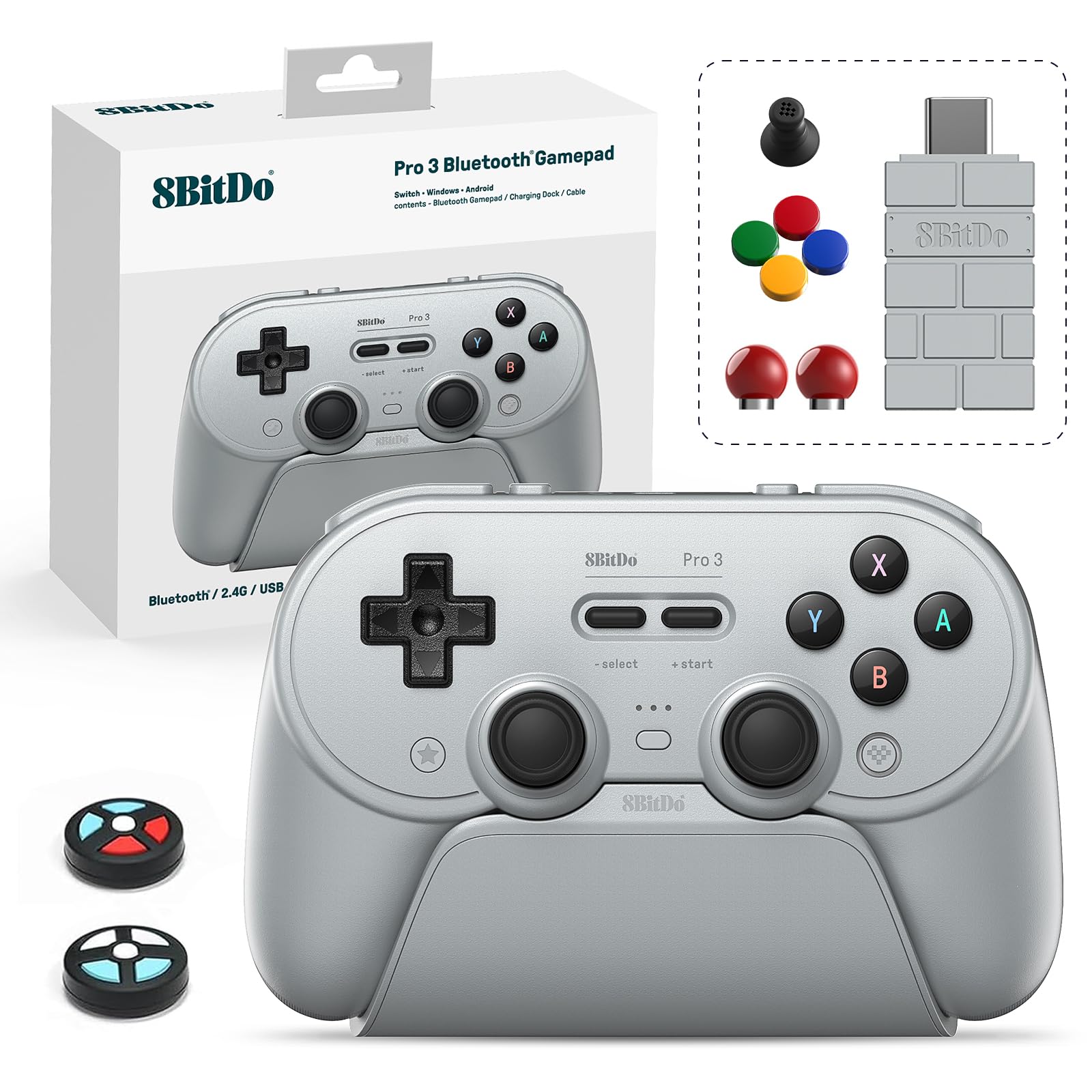 8Bitdo Pro 3 Bluetooth Controller with TMR Joysticks  Swappable ABXY Buttons  Pro Back Buttons  Charging Dock  Hall Effect Triggers for Switch/Switch 2  Windows  Apple  SteamOS  Android (Gray)