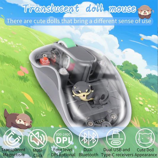 elec Space Wireless USB C Mouse - Bluetooth Triple Mode, Rechargeable, Silent, Portable - Grey Cartoon Design