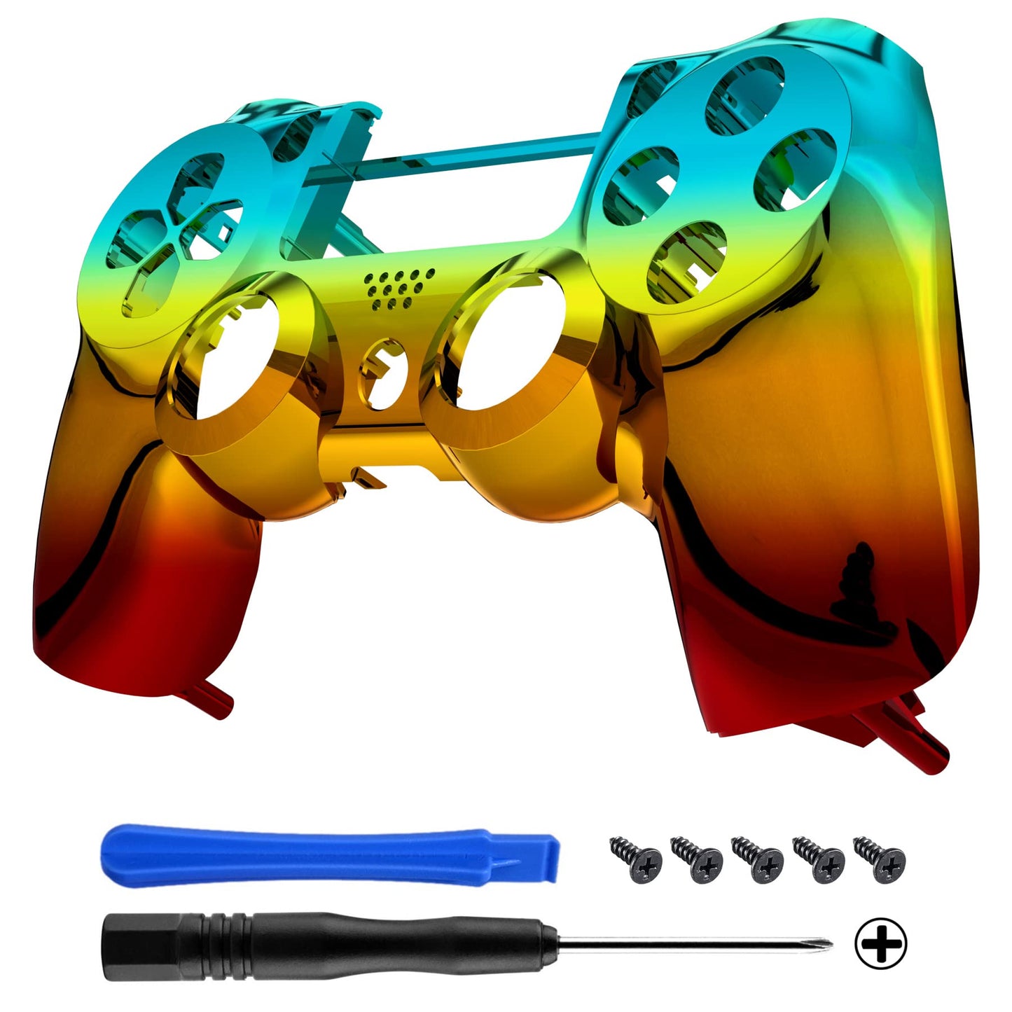 eXtremeRate Tri-Color Gradient Replacement Faceplate Cover  Chrome Cyan Gold Red Front Housing Shell Compatible with ps4 Pro Slim Controller CUH-ZCT2 JDM-040 JDM-050 JDM-055 - Controller NOT Included