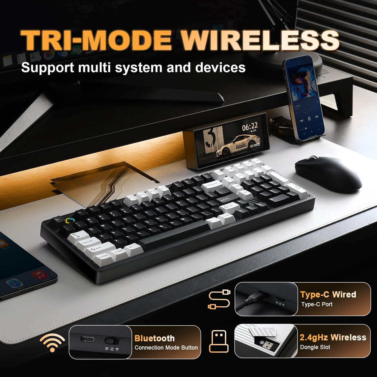 YUNZII AL98 Wireless Mechanical Gaming Keyboard - RGB Backlit, Hot Swappable, Gasket Mount, Cocoa Cream V2 Switch, Black