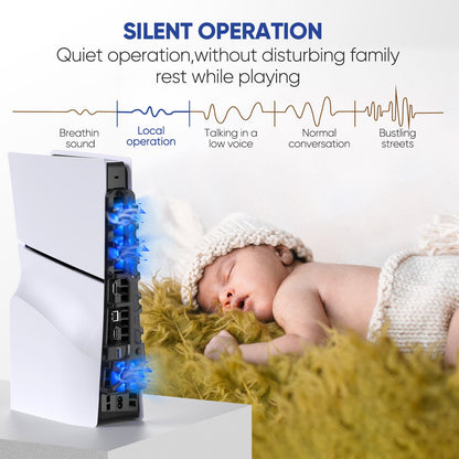 Klipdasse PS5 Slim Cooling Fan - LED Light, Adjustable Speed, USB 3.0, Silent - Black, Model P5S6B