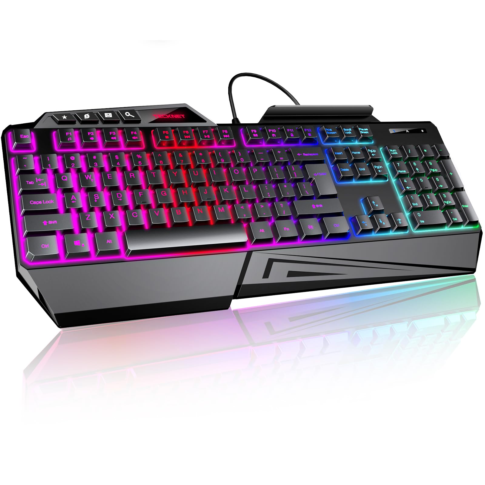 TECKNET Wired RGB Gaming Keyboard - 26-Key Anti-Ghosting  13 Lighting Modes  Spill-Resistant  108 Membrane Keys  Plug & Play - with Ergonomic Wrist Rest & Phone Holder for Windows/Mac (Black)