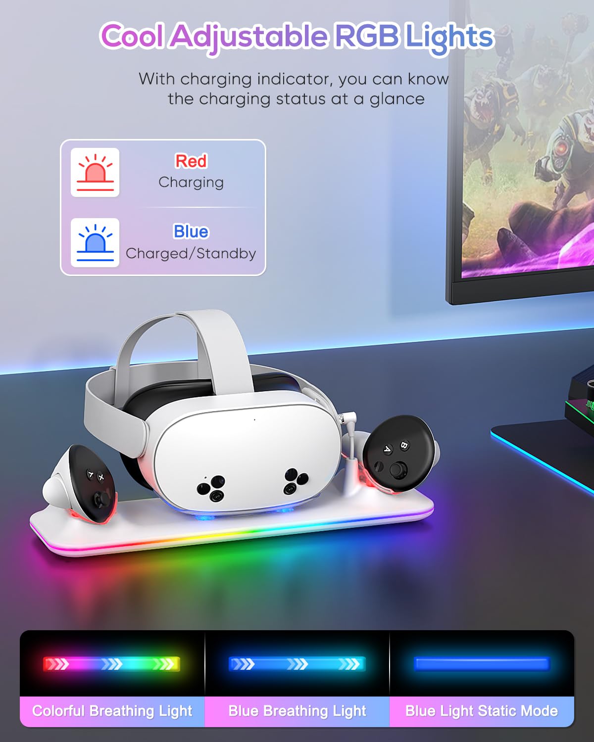 Kinwin Charging Dock for Meta Quest 3/3S - PD 18W Fast Charge Station, RGB Light, Magnetic Stand, Includes 2 Rechargeable Batteries, White