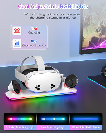 Kinwin Charging Dock for Meta Quest 3S, Fast PD 18W Station with RGB Light, Magnetic Stand, 2 Rechargeable Batteries, Black