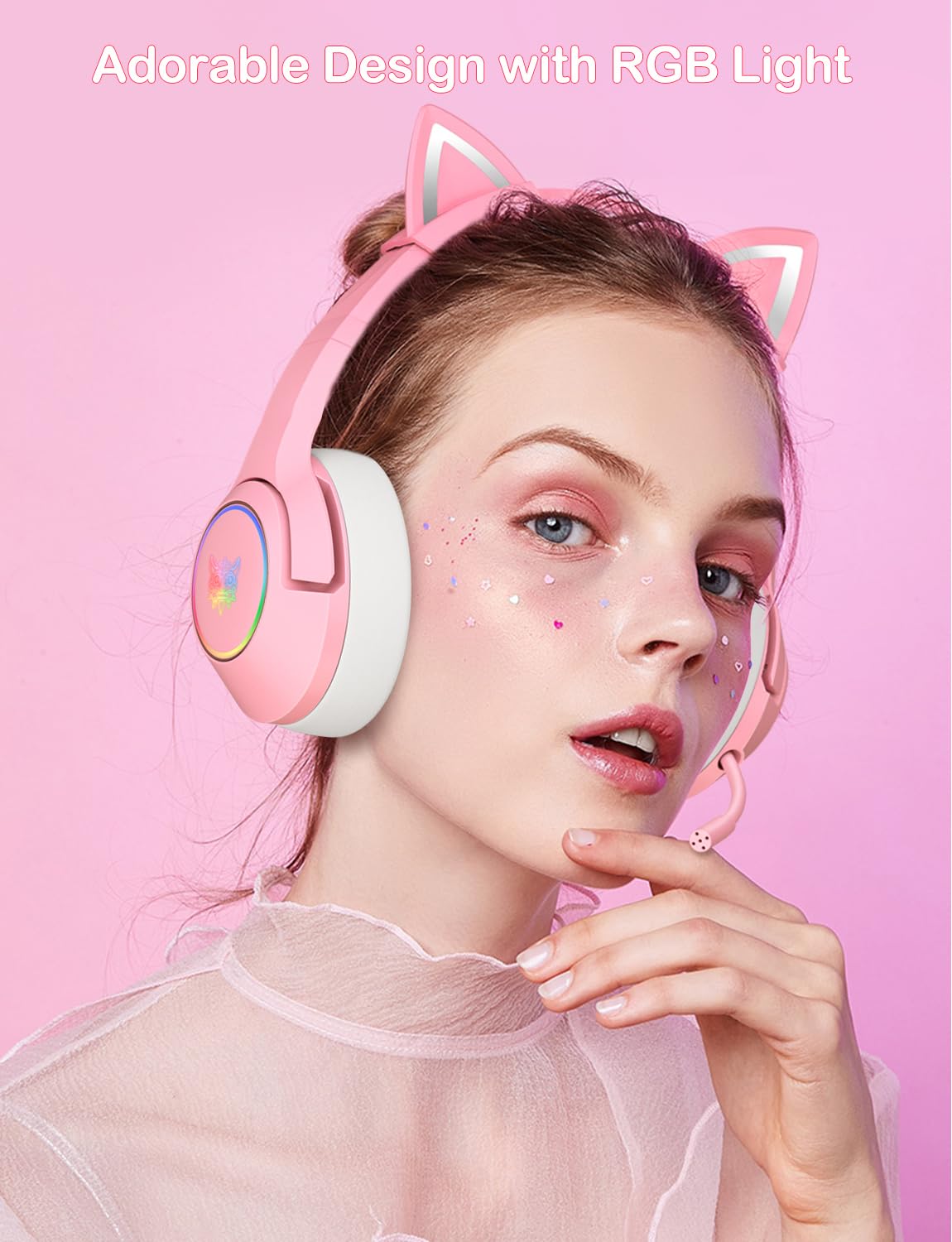 PHNIXGAM Cat Ear Gaming Headset, Wired Over-Ear with Microphone, Surround Sound, LED Light, Light Pink, Model K9