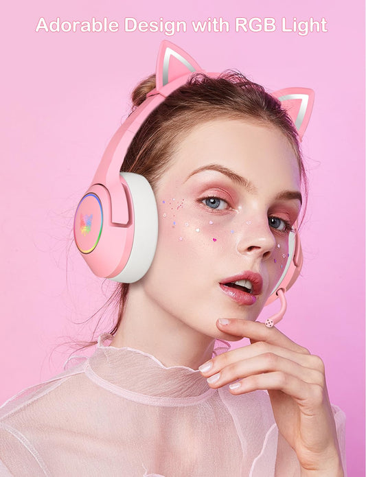 PHNIXGAM Cat Ear Gaming Headset, Wired Over-Ear with Microphone, Surround Sound, LED Light, Light Pink, Model K9