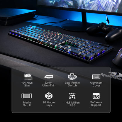 Redragon K619 RGB Mechanical Keyboard - Ultra-Thin Wired Gaming Keyboard, Red Switch, Low Profile Keycaps, Dedicated Media Control
