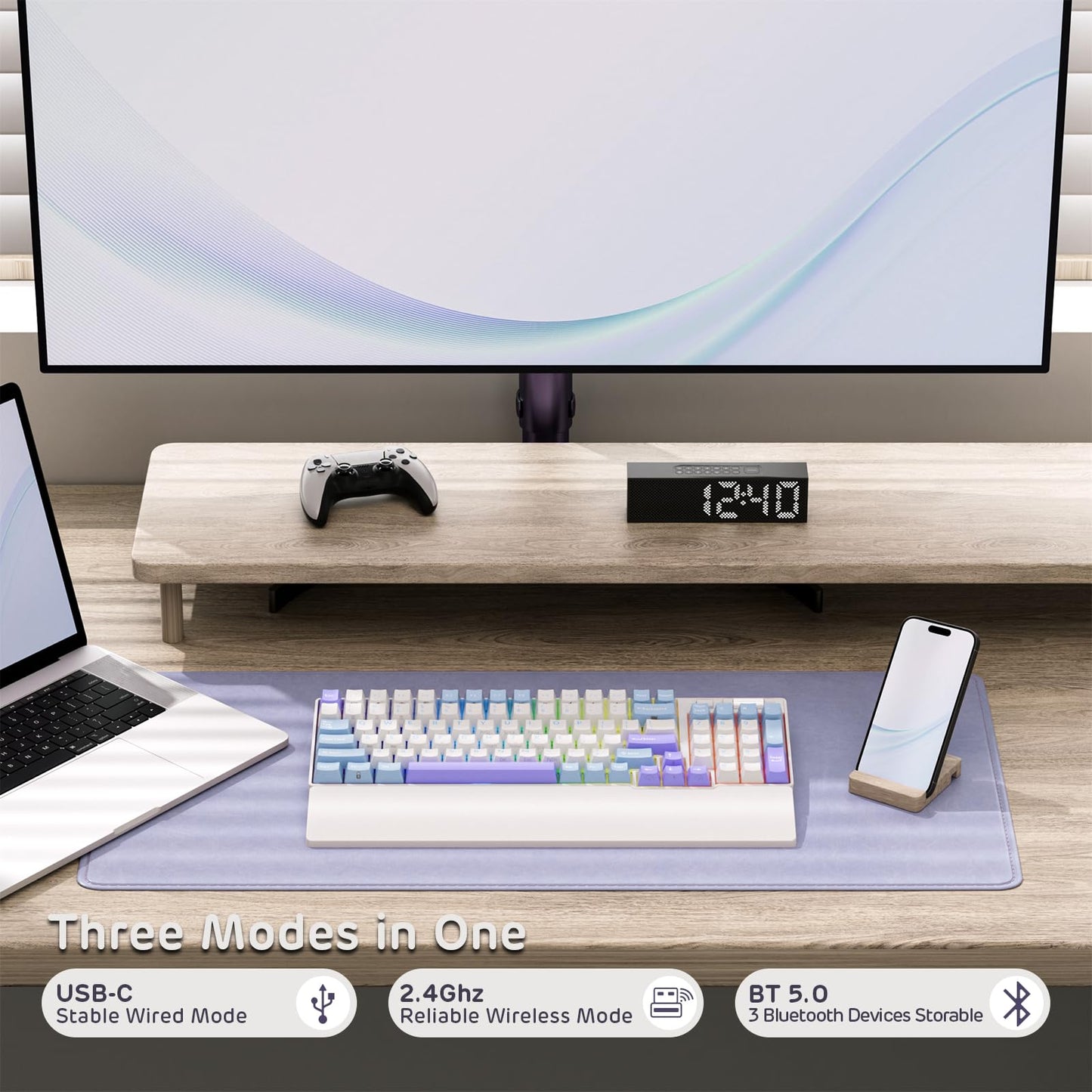 RK ROYAL KLUDGE RK96 90% Mechanical Keyboard, Tactile Pale Green Switch, RGB, Wireless BT5.0/2.4G, Taro Milk White, Hot Sw