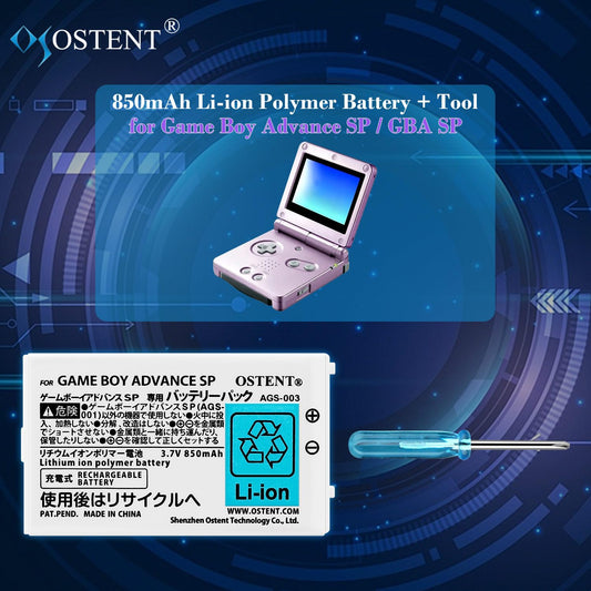 OSTENT Rechargeable Battery Pack Tool Kit for Nintendo Gameboy Advance SP - 850mAh, White, Model 024400