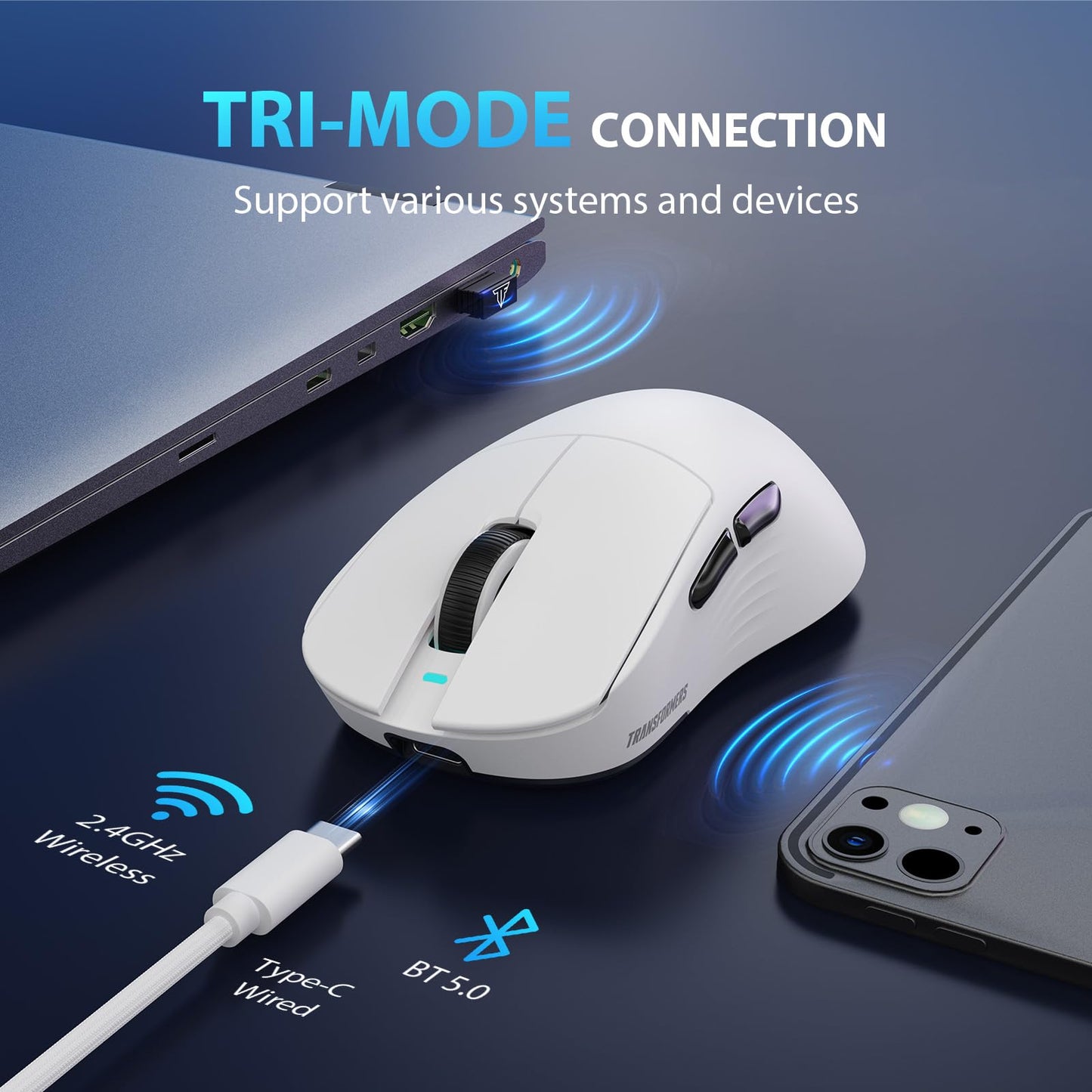 Transformers GM04 Wireless Gaming Mouse - 12000 DPI, 100h Battery, 5 Programmable Buttons, White