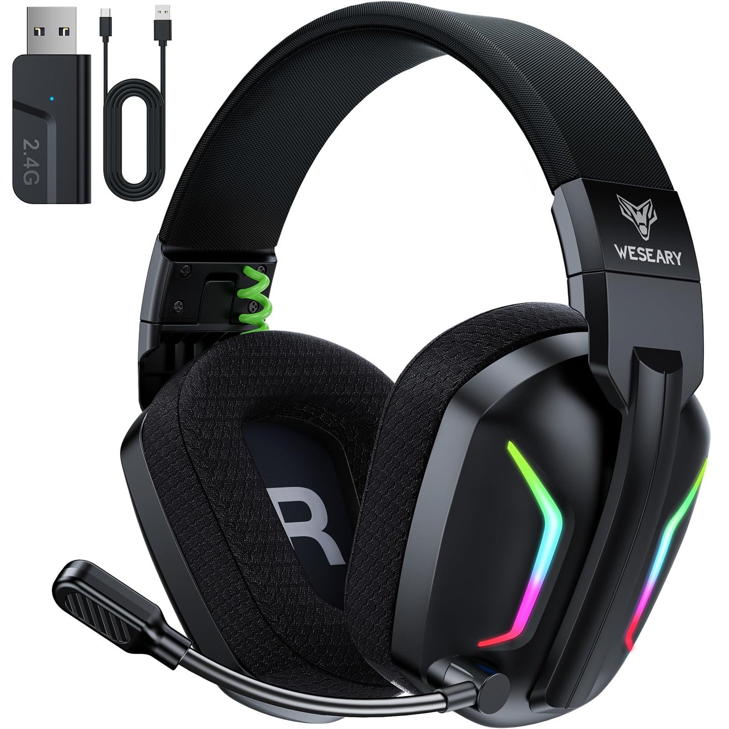 WESEARY Wireless Gaming Headset WG1 - 2.4GHz, ENC Microphone, Bluetooth 5.4, 50H Battery, Cool Black, for PC, PS5, PS