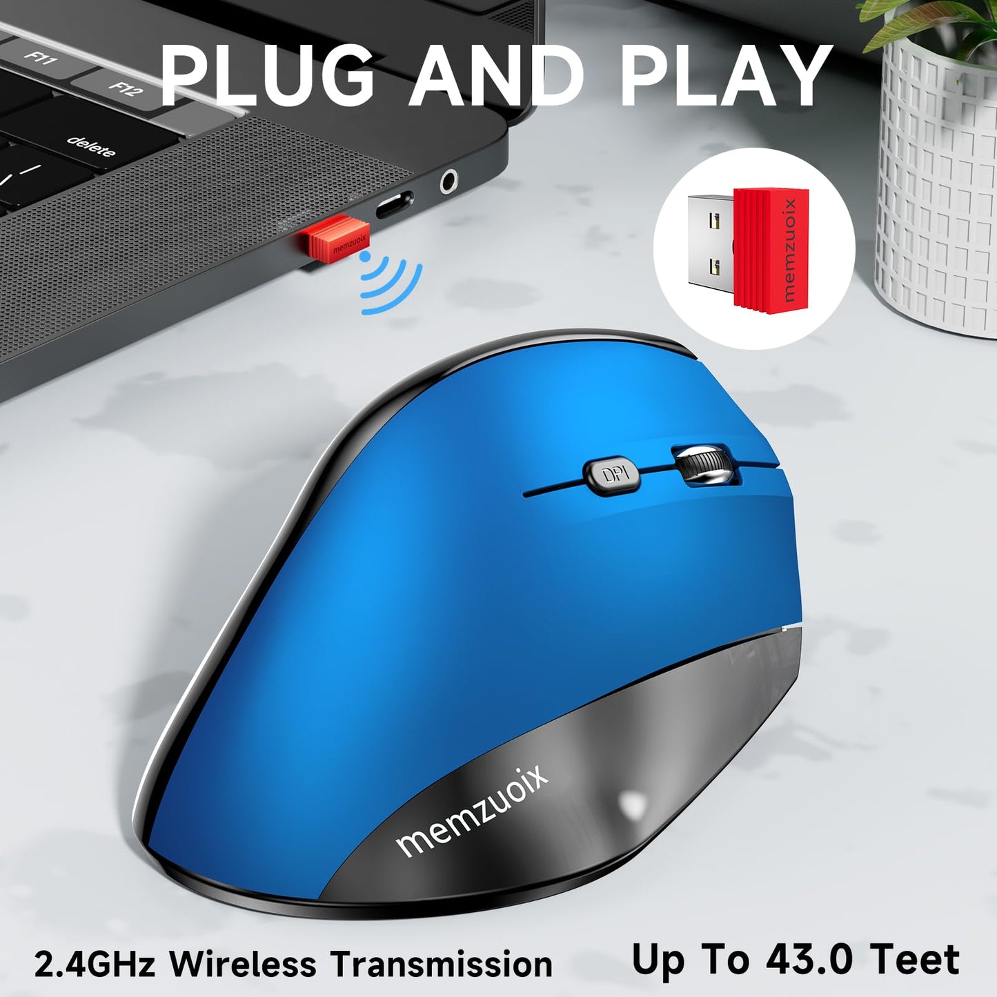 memzuoix Ergonomic Vertical Wireless Mouse - 2.4G Optical, 3 DPI Levels, Large Size, Steel Blue, Model WM-791
