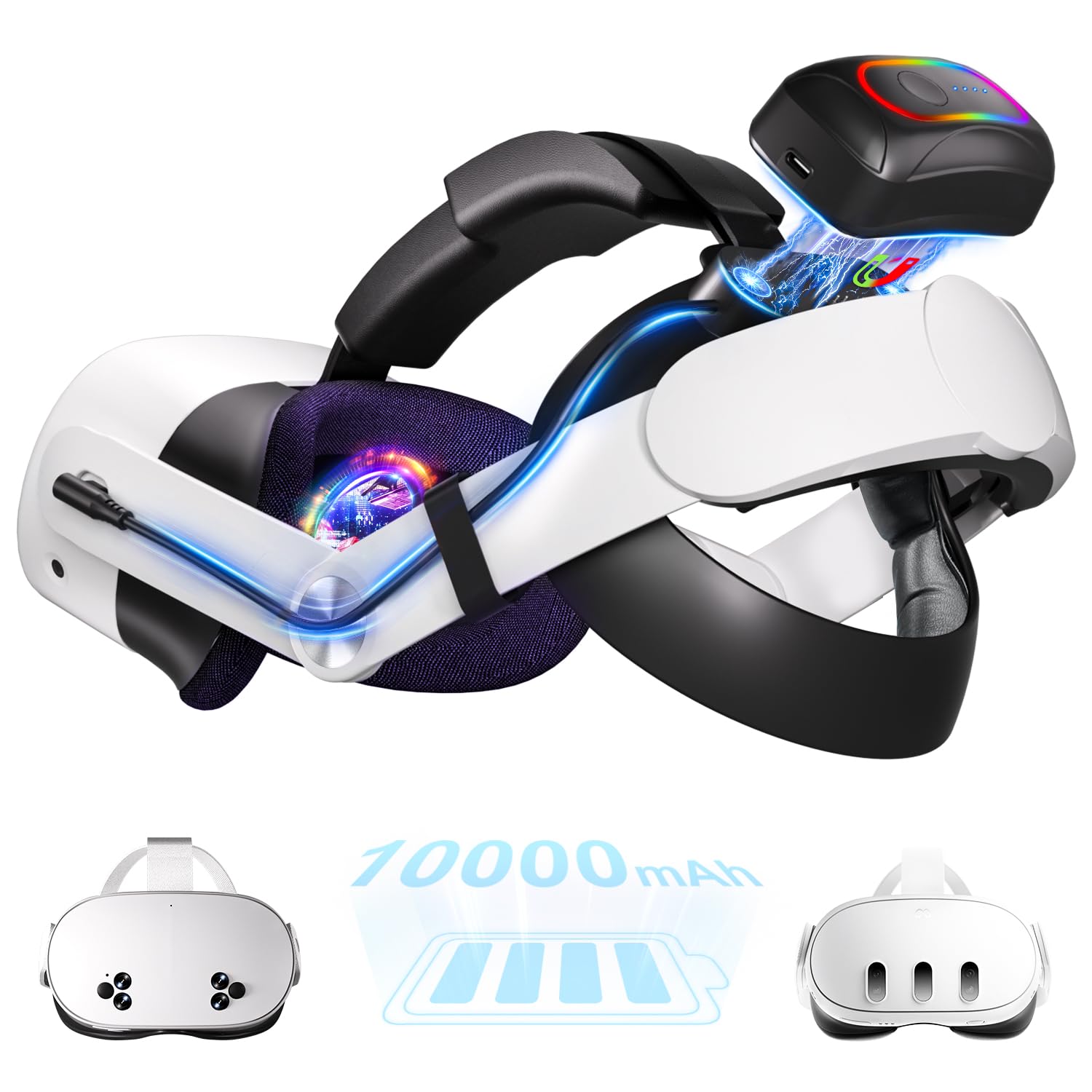 Saqico 10000mAh Battery Head Strap for Meta Quest 3s/3 with Cool RGB and Magnetic Battery Design for Oculus Quest 3/3s Accessories Extra VR Playtime Premium Comfort & Adjustable  Reduce Facial Stress