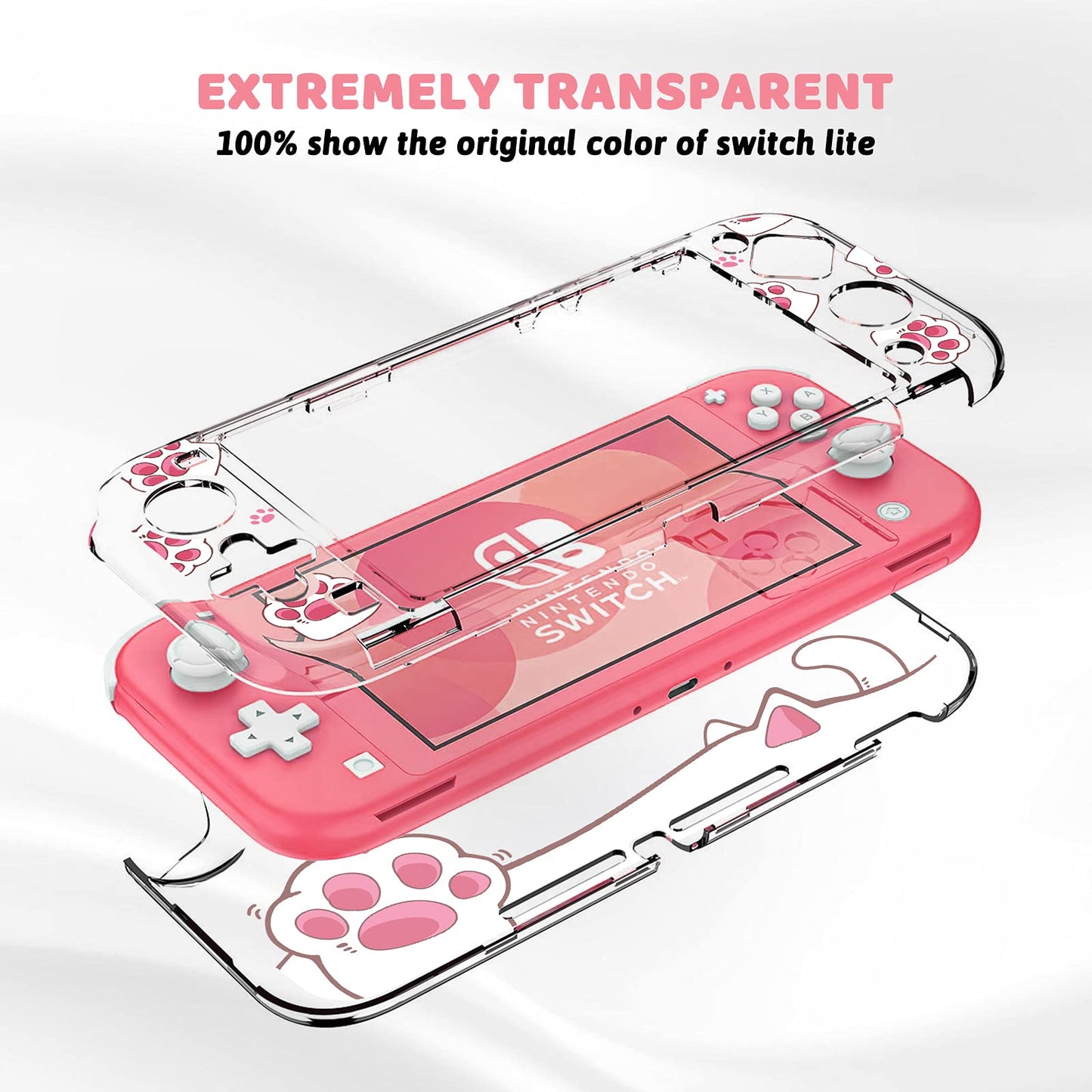 DLseego Switch Lite Protective Case - Hard PC Clear Anti-Shock Cover with Cat-Pad Pattern, White