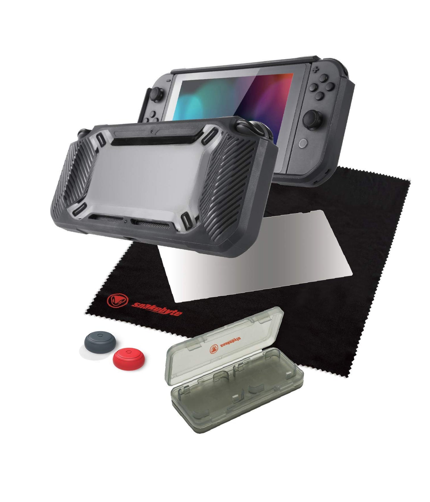Snakebyte Tough Kit - Accessory Set for Nintendo Switch - Black - Includes Hard Case, H9 Glass Protector, Cleaning Cloth, Thumb Grips