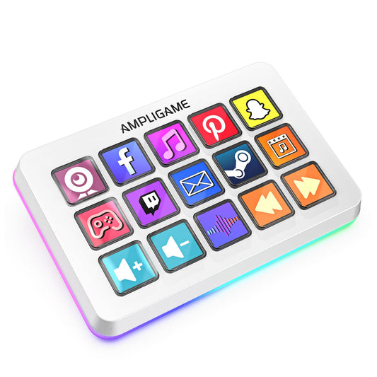 AmpliGame FIFINE Gaming Controller with 15 Shortcuts for OBS Streaming Studio with Macro Keys  control button Actions  PC Media RGB Controller for Content Creation/Office Work-D6 White