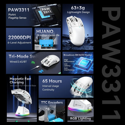 ATTACK SHARK X11 Ultra-Light Gaming Mouse 22K DPI 5 Programmable Buttons White&Sticker with Magnetic Charging Stand for PC/Mac