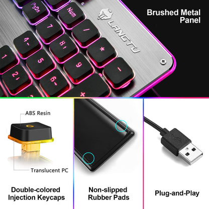 LANGTU Membrane Gaming Keyboard, 104 Keys Anti-Ghosting, LED Backlit, Black/Silver, 43.7*13.33*3.5cm, Model B07QW