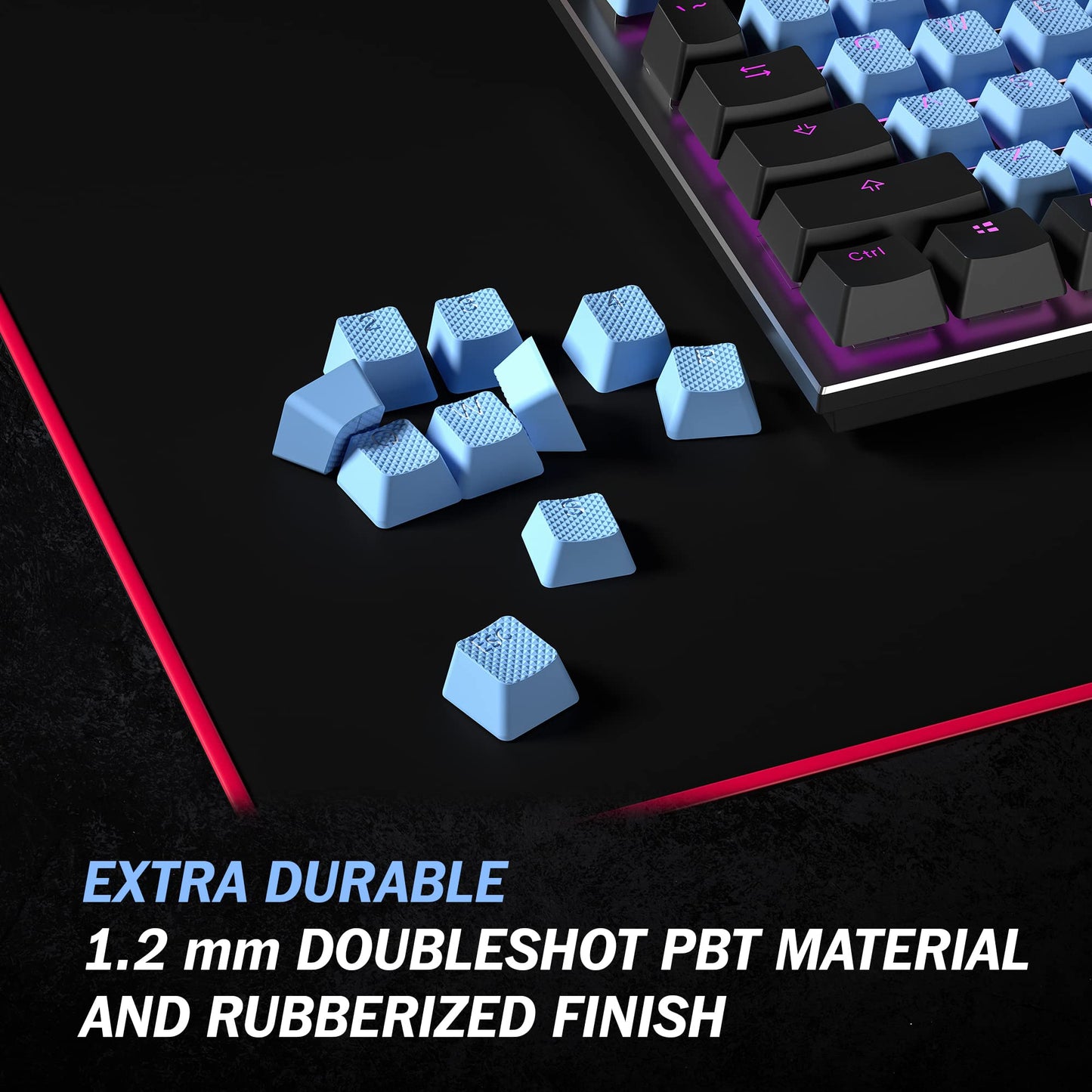 HK Gaming Rubber Keycaps Set - 23 Keys OEM Profile, Anti-Slip Texture, Doubleshot Backlit, Blue Malibu