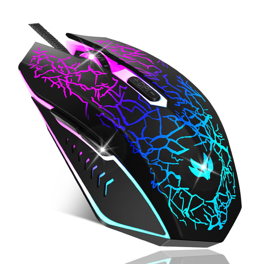 LuLabboard Wired Gaming Mouse - Ergonomic 6 Silent Clicks, 2400 DPI, 4-Color LED Light, USB Wired, Black